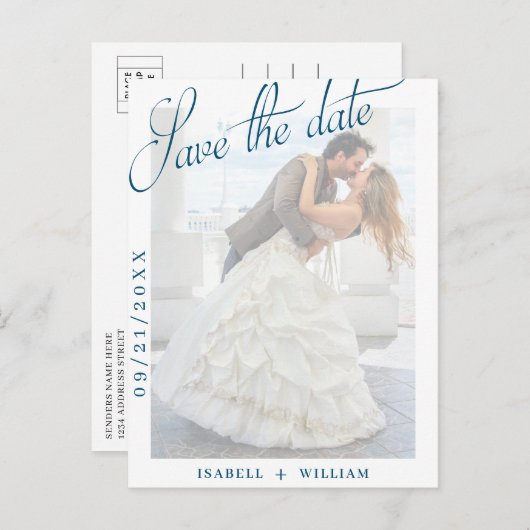  ネイビー・ブルー・ヴェラムの写真婚式が日付を保存 案内ポストカード (正面/裏面)