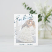 ネイビー・ブルー・ヴェラムの写真婚式が日付を保存 案内ポストカード (スタンド正面)