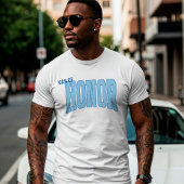 ネイビー + ブルー 偽のグリッター ヴァーシティ MAN OF HONOR Tシャツ