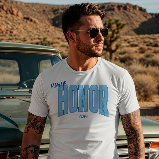 ネイビー + ブルー 偽のグリッター ヴァーシティ MAN OF HONOR Tシャツ