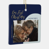 ネイビー、ブルー、金ゴールドモダン初めてのクリスマスフォトCer セラミックオーナメント (右)