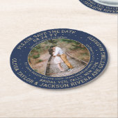 ネイビー・ブルー・金ゴールド・モダンフォト・ウェディング・セーブ・ザ・デート ラウンドペーパーコースター (アングル)