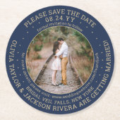 ネイビー・ブルー・金ゴールド・モダンフォト・ウェディング・セーブ・ザ・デート ラウンドペーパーコースター (正面)