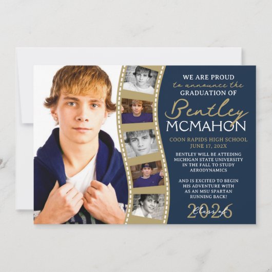 ネイビー&ブロンズフォトフィルムストリップグラッドアナウンス 招待状 (正面)