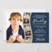 ネイビー&ブロンズ6フォトフィルムストリップ卒業コラージュ 招待状 (正面)