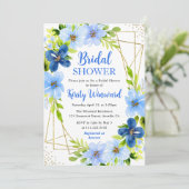 ネイビー&ベビーブルーフラワーズ金ゴールドフレームブライダルシャワー 招待状 (スタンド正面)