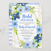 ネイビー&ベビーブルーフラワーズ金ゴールドフレームブライダルシャワー 招待状 (正面/裏面)