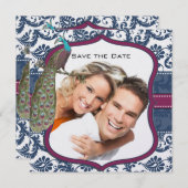 ネイビー & ベリーベリー エレガント ダマスク ペコック ウェディング 招待状 (正面/裏面)