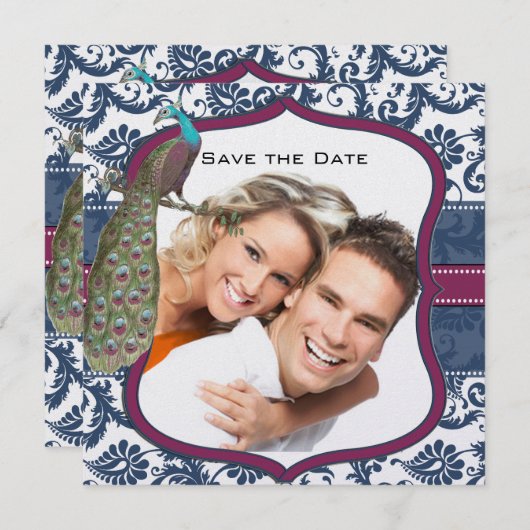 ネイビー & ベリーベリー エレガント ダマスク ペコック ウェディング 招待状 (正面/裏面)