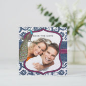 ネイビー & ベリーベリー エレガント ダマスク ペコック ウェディング 招待状 (スタンド正面)