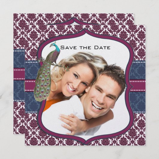 ネイビー & ベリーベリー エレガント ダマスク ペコック 結婚式 招待状 (正面/裏面)