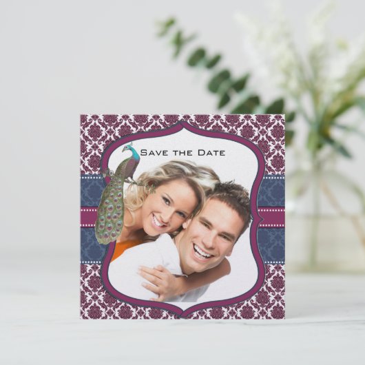 ネイビー & ベリーベリー エレガント ダマスク ペコック 結婚式 招待状 (スタンド正面)