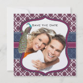 ネイビー & ベリーベリー エレガント ダマスク ペコック 結婚式 招待状 (正面)