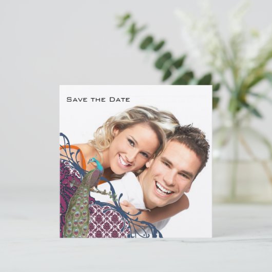 ネイビー&ベリー ベリー エレガント ダマスク ペコック ウェディング 招待状 (スタンド正面)