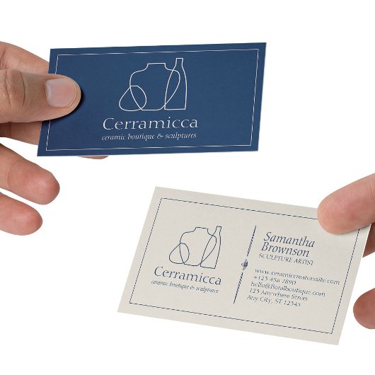 ネイビー ベージュ ポーセレン スカルプチャー 花瓶 セラミック 名刺