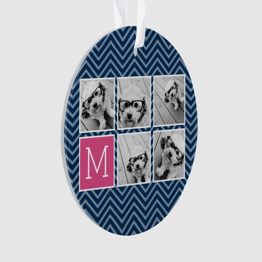 ネイビー&ホットピンクインスタグラム5フォトコラージモノグラム オーナメント (正面)