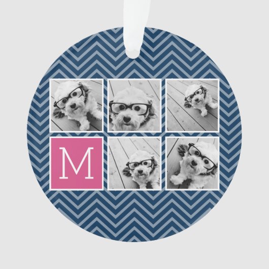 ネイビー&ホットピンクインスタグラム5フォトコラージモノグラム オーナメント (正面)