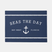 ネイビー&ホワイトいかりパーソナライズされたボート名 ドアマット (正面)