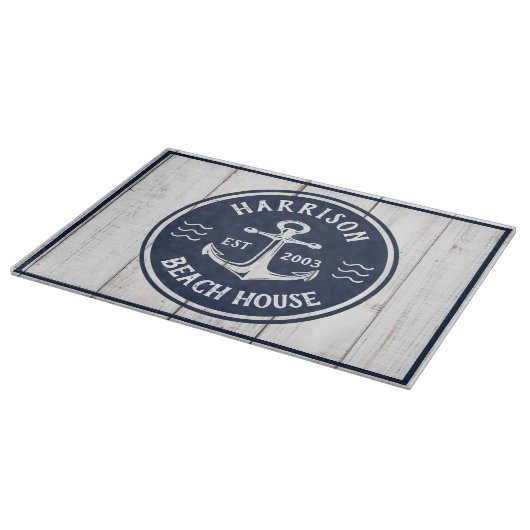 ネイビー&ホワイトいかり航海のファミリーネームビーチ カッティングボード (角)