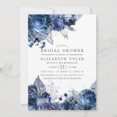 ネイビー&ホワイトとシルバーフォイルフローラブライダルシャワー 招待状 (正面)