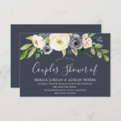 ネイビー＆ホワイトの水彩花のカップルシャワー 招待状 (正面/裏面)