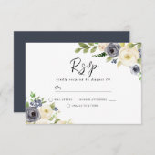 ネイビー&ホワイトウォーターカラーフラワーゴージャス結婚ズ 出欠カード (正面/裏面)