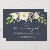 ネイビー&ホワイトウォーターモダンカラー結婚花 招待状 (正面/裏面)