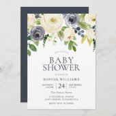 ネイビー&ホワイトゴージャスな花ガールボーイ赤ちゃんシャワー 招待状 (正面/裏面)