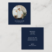 ネイビー&ホワイトシンプルフォトモダンソーシャルメディア スクエア名刺 (正面/裏面)