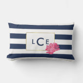 ネイビー&ホワイトストライプ（ピンク牡丹あり） | モノグラム ランバークッション (正面)