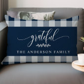 ネイビー&ホワイトバッファローチェック感謝パーソナライズされた ランバークッション