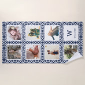 ネイビー&ホワイトフォトパターン（の模様が）あるコラージモノグラム ビーチタオル (正面)