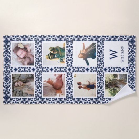 ネイビー&ホワイトフォトパターン（の模様が）あるコラージモノグラム ビーチタオル (正面)