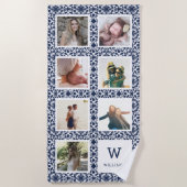 ネイビー&ホワイトフォトパターン（の模様が）あるコラージモノグラム ビーチタオル (正面)