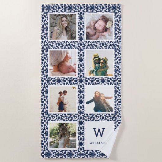 ネイビー&ホワイトフォトパターン（の模様が）あるコラージモノグラム ビーチタオル (正面)