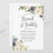 ネイビー&ホワイトフラワーズブランチ&バブリーブライダルシャワー 招待状 (正面/裏面)