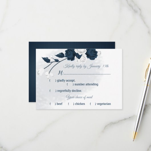 ネイビー&ホワイトフラワーズミール選択RSVPカード 出欠カード (正面/裏面インサイチュ)