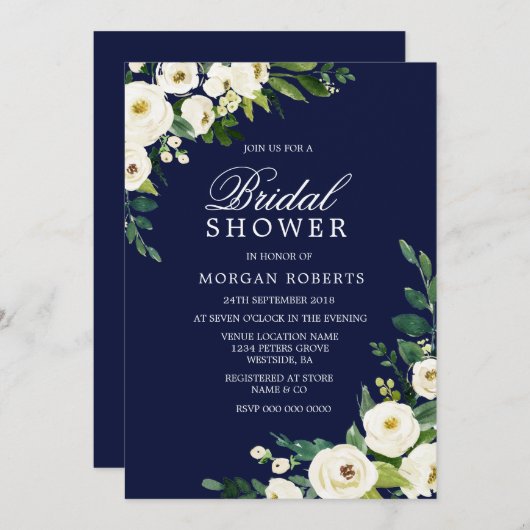 ネイビー&ホワイトフラワーズモダンブライダルシャワー招待状 招待状 (正面/裏面)
