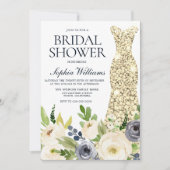 ネイビー&ホワイトフラワーズ金ゴールドドレスブライダルシャワー 招待状 (正面)