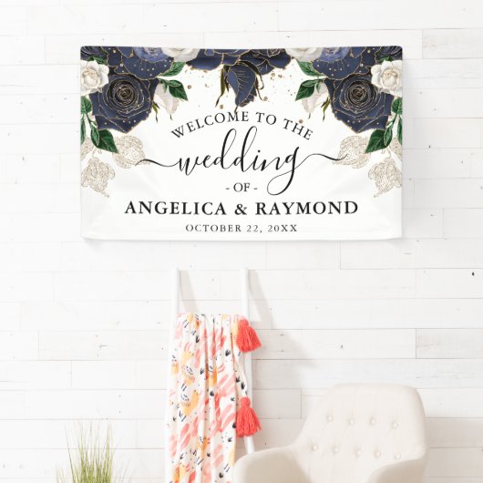 ネイビー&ホワイトフローラエレガントなウェディングウェルカムバナー 横断幕 (インサイチュ)