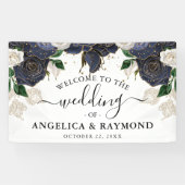 ネイビー&ホワイトフローラエレガントなウェディングウェルカムバナー 横断幕 (横)