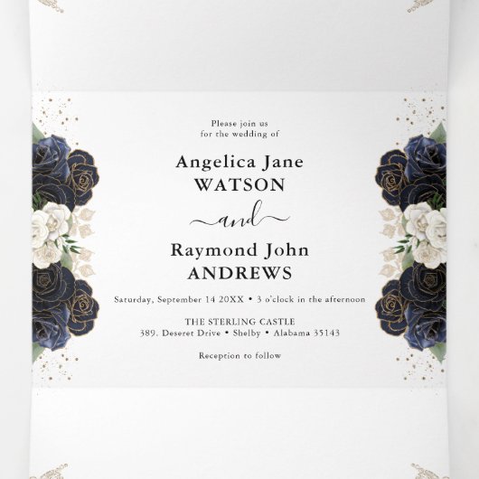 ネイビー&ホワイトフローラエレガントウェディング 三つ折り招待状 (内部中)