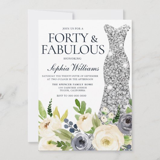ネイビー&ホワイトフローラシルバードレス40th誕生日 招待状 (正面)