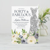 ネイビー&ホワイトフローラシルバードレス40th誕生日 招待状 (スタンド正面)