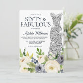 ネイビー&ホワイトフローラダイヤモンドドレス60誕生日 招待状 (スタンド正面)