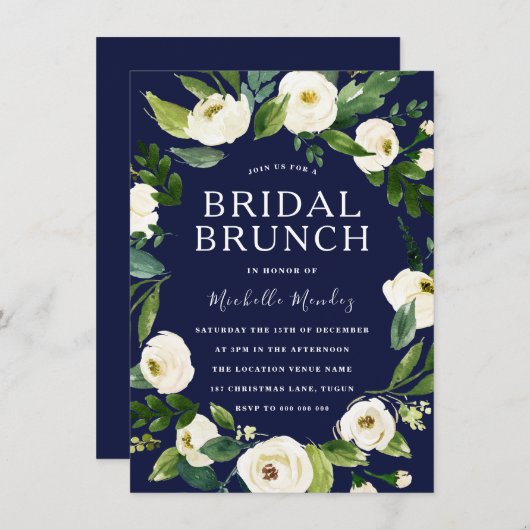 ネイビー&ホワイトフローラリースブライダルシャワーブランチ 招待状 (正面/裏面)