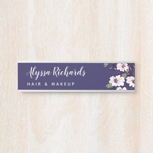 ネイビー&ホワイトフローラ美しいメイクアップヘア サインプレート (正面)