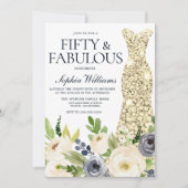 ネイビー&ホワイトフローラ金ゴールドドレス50thバースデーパーティー 招待状 (正面)