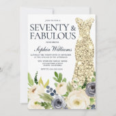 ネイビー&ホワイトフローラ金ゴールドドレス70thバースデーパーティー 招待状 (正面)