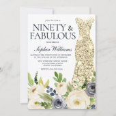 ネイビー&ホワイトフローラ金ゴールドドレス90thバースデーパーティー 招待状 (正面)